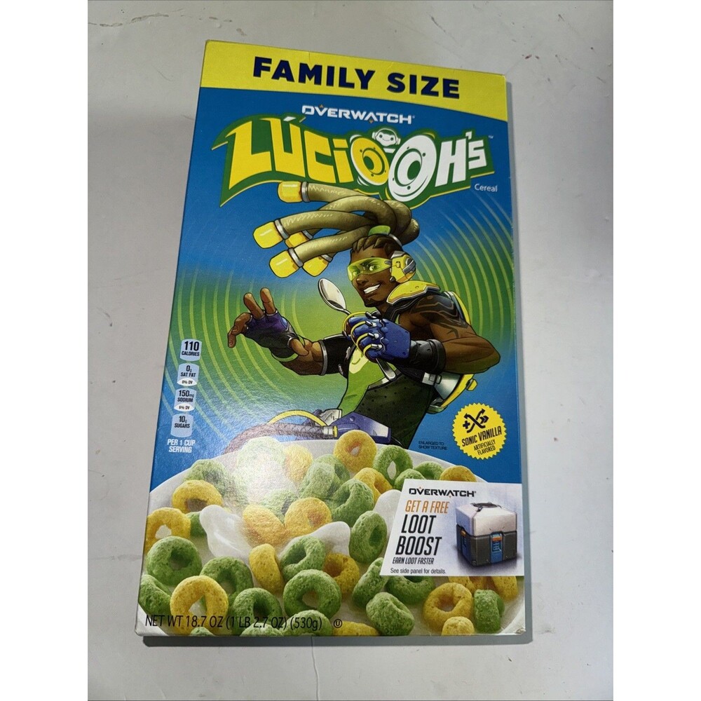 Kelloggs Blizzard Overwatch Lucio-Oh's Vanilla Family Size Cereal Box SEALED
